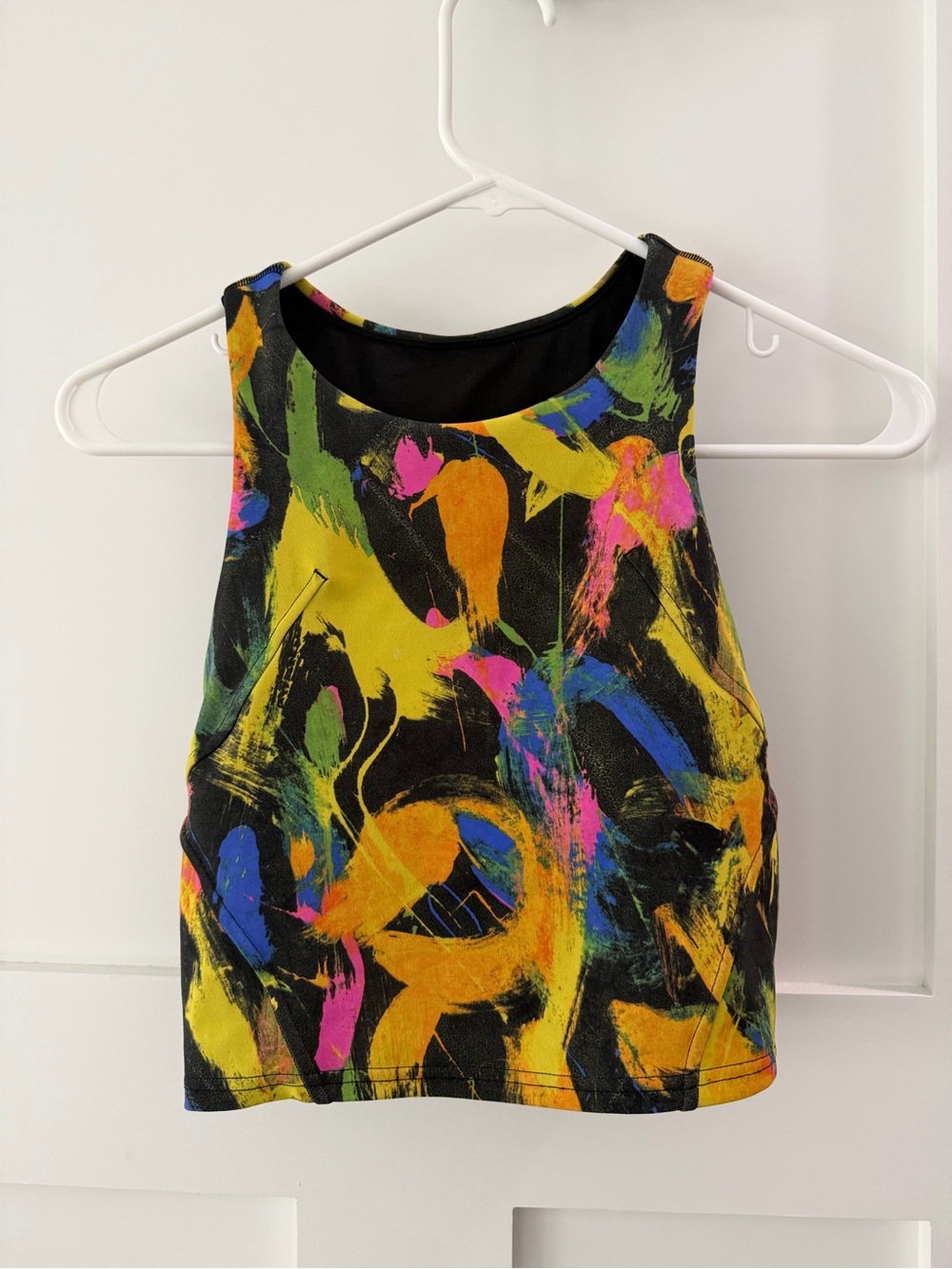 Colorful Abstract Print Cropped Tank Top - Black Base with Neon Accents